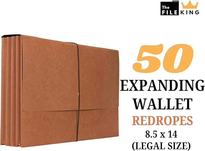 The File King Expanding File Wallet - Legal Size, 50 Pack, Red, 5.25' Expansion, 8.5-x-14-inch Paper, USA Made