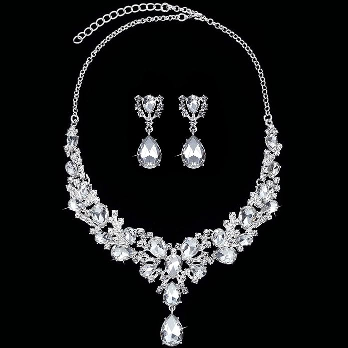 Hicarer Bridal Teardrop Cluster Crystal Jewelry Set for Women Necklace Earrings Wedding