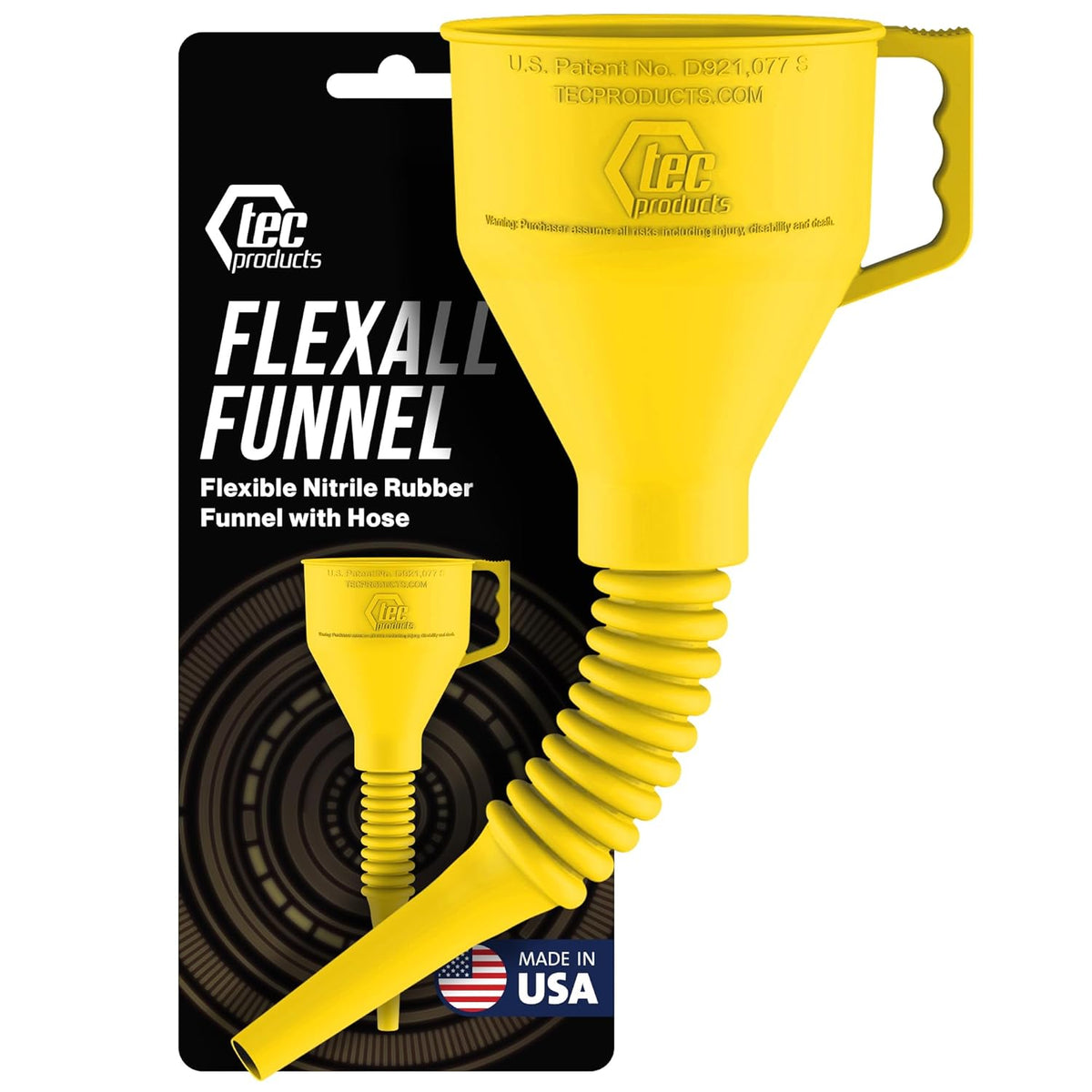 TEC Products FlexAll Long Flexible Funnel for Automotive Use - Durable Nitrile Rubber - Ideal for Car Oil Change, Transmission Funnel Fluid, Diesel, Fuel, Gas - Made in USA - Yellow (12 x 4 Inches)