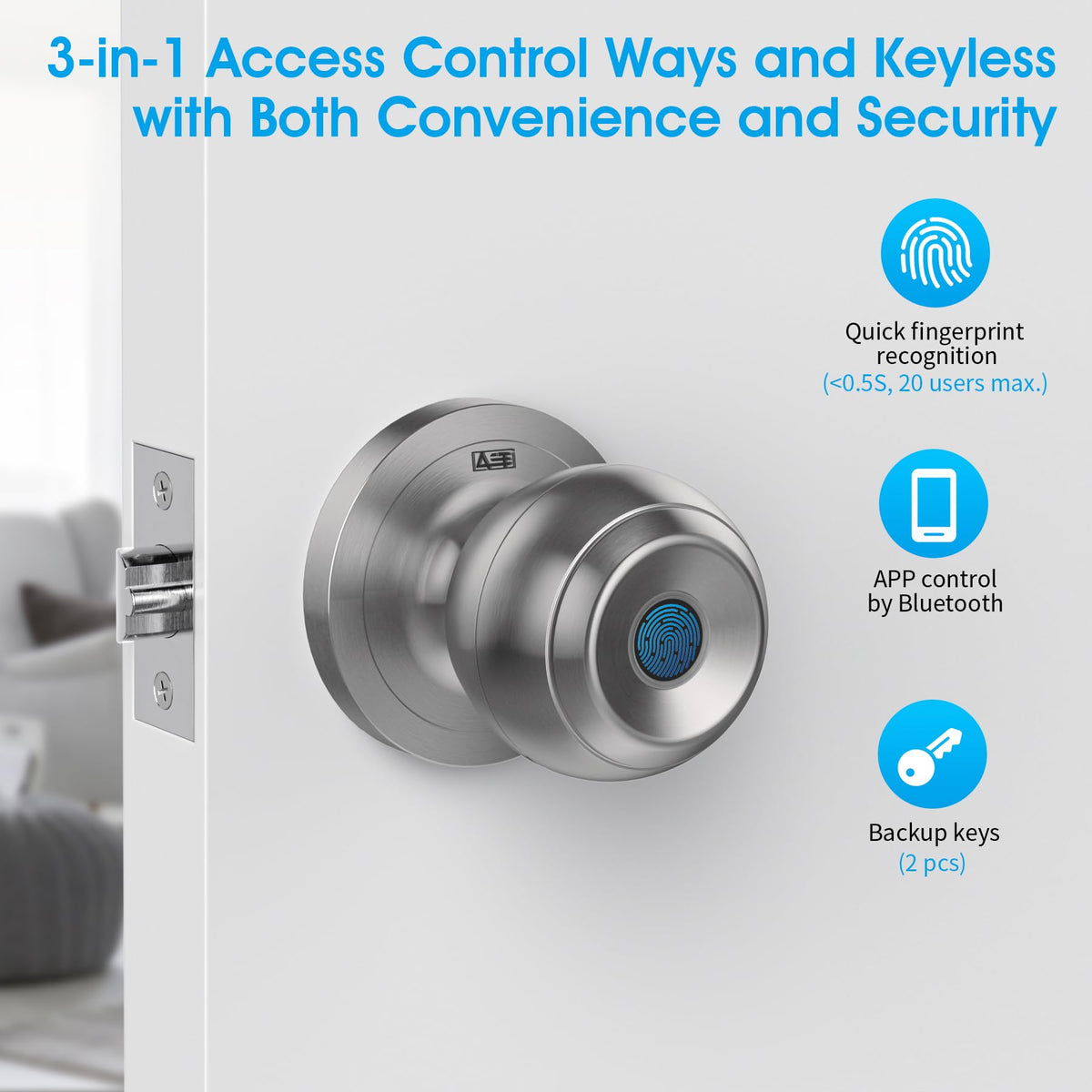 AST Fingerprint Door Knob with Autolock, Passage and Privacy Functions, Rechargeable Keyless Smart Door Knob Lock, Digital Biometric Door Knob with APP (Brushed Stainless Steel)
