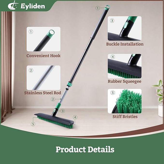Eyliden X-Large Floor Scrub Brush, 2 in 1 Scrape Brushes with Rubber Squeegee | 55.3" Long Handle, 15" Wide Stiff Bristle Head | Floor Scrubber for Deck Kitchen Shower Bathroom Tub Tile Patio Wall