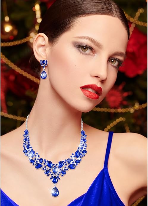 Hicarer Bridal Teardrop Cluster Crystal Jewelry Set for Women Necklace Earrings Wedding