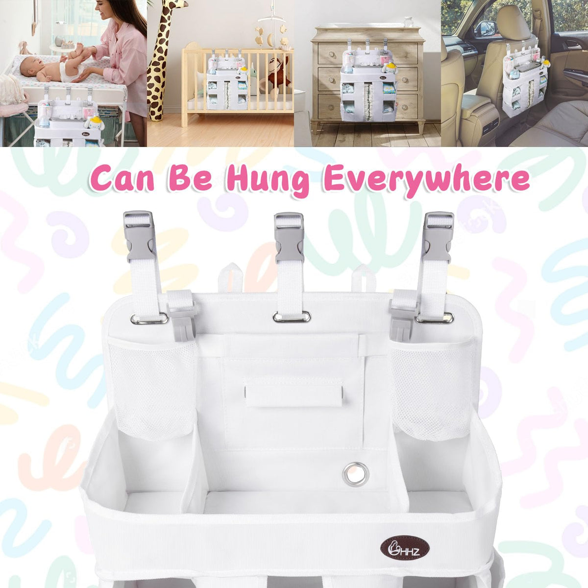 HHZ XL Hanging Diaper Caddy Organizer –Sturdy and Durable Baby Organizer – Diaper Stacker for Changing Table, Crib, Playard or Wall & Nursery Organization （White）