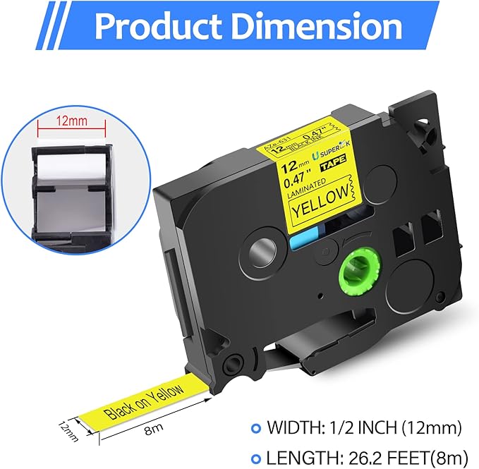 6PK Compatible for Brother P-Touch Label Maker Tape TZe-631 TZ-631 TZe631 TZ631 Black on Yellow 12mm 1/2 inch 0.47'' x 26.2ft Laminated TZe TZ Label Tape for PT-H300LI P700 P710BT P750W