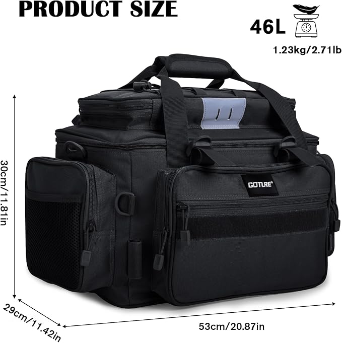 Goture Fishing Tackle Bag, Store Up to 4PCS 3700 Plus 2PCS 3600 Tackle Trays(Not Included), 600D Soft Side Gear Fishing Bag with Rod Straps,Detachable Water Bottle Pouch,Waterproof Bottom,SBS Zippers