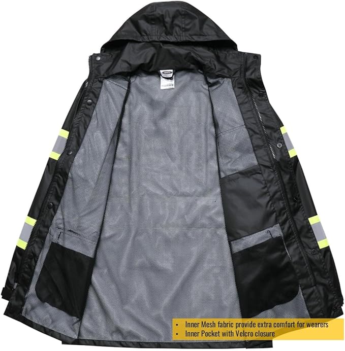 JKSafety Hi-Vis Reflective Safety Rain Jacket for Men Women Waterproof Rain Gears for Farming Fishing Work HV Rain Jacket with Inner Mesh Lining and Pockets (117A-Black L)