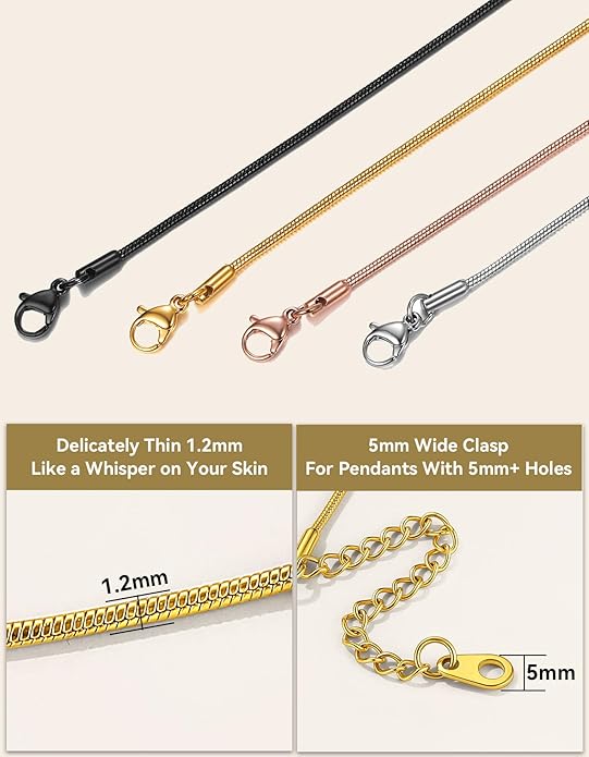 ChainsHouse Snake Chain Necklace for Women 1.2mm, 14-30" Adjustable with 5cm Extender for Pendants Lockets, Rose Gold/Stainless Steel/Black/14K Gold Hypoallergenic Dainty Jewelry Gift