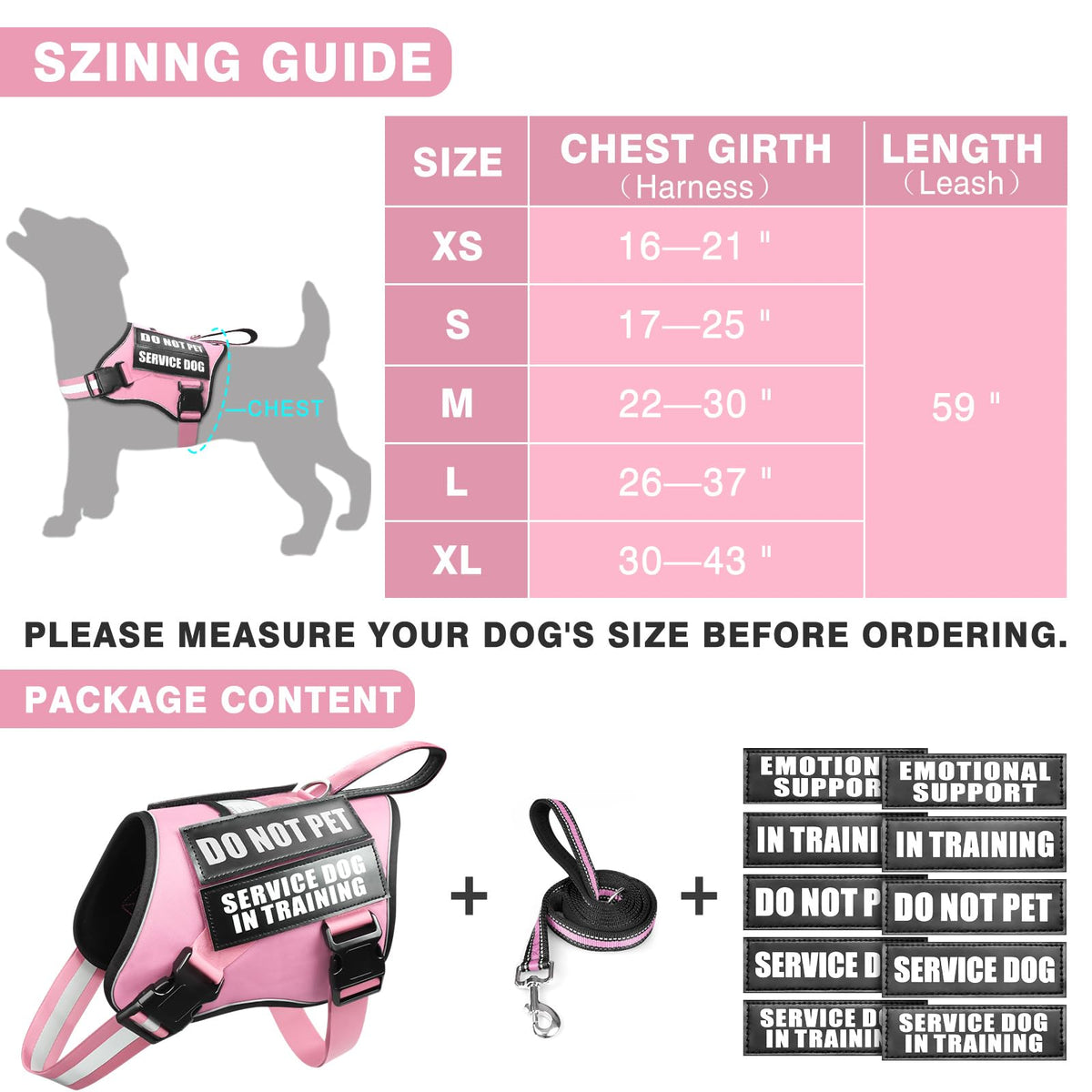 MOOGROU Service Dog Vest Harness and Leash Set+10 Patches,No Pull&Easy Walk Reflective Dog Harness with Soft Padded Handle for Training/Everyday,Fit Small/Medium/Large/Extra-Large Dogs(Pink S)