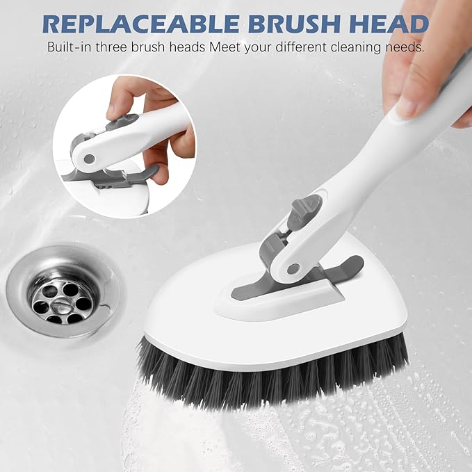 SetSail 4-in-1 Tile Tub Floor Scrubber with 52-inch Long Adjustable Handle Shower Cleaner Brush with V-Shaped Grout Brush and 3 Replacement Brush Heads for Bathroom Kitchen Sink Walls Tub Tile, White