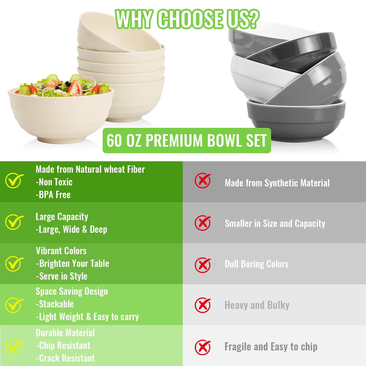 Perlapoc Large Wheat Straw Bowls Set of 6, 60 OZ Unbreakable Serving Bowls, Microwave Safe & Dishwasher Safe, Perfect for Salad, Fruit, Cereal, Soup, Ramen, Family Meals, Beige