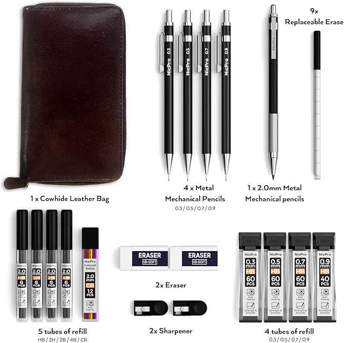 Nicpro 20PCS Black Metal Mechanical Pencil Set in Leather Case, 0.3, 0.5, 0.7, 0.9 mm & 2mm Lead Pencil Holders, (4B 2B HB 2H) Lead Refills (Black & Colors), Erasers For Art Drafting Sketching Drawing