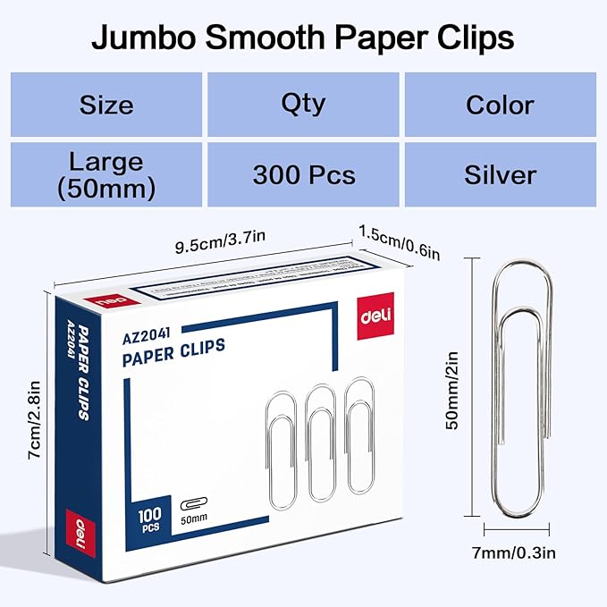 Deli Jumbo Paper Clips Smooth, 300 Large Paper Clips, 3 Boxes of 100 Each, Silver