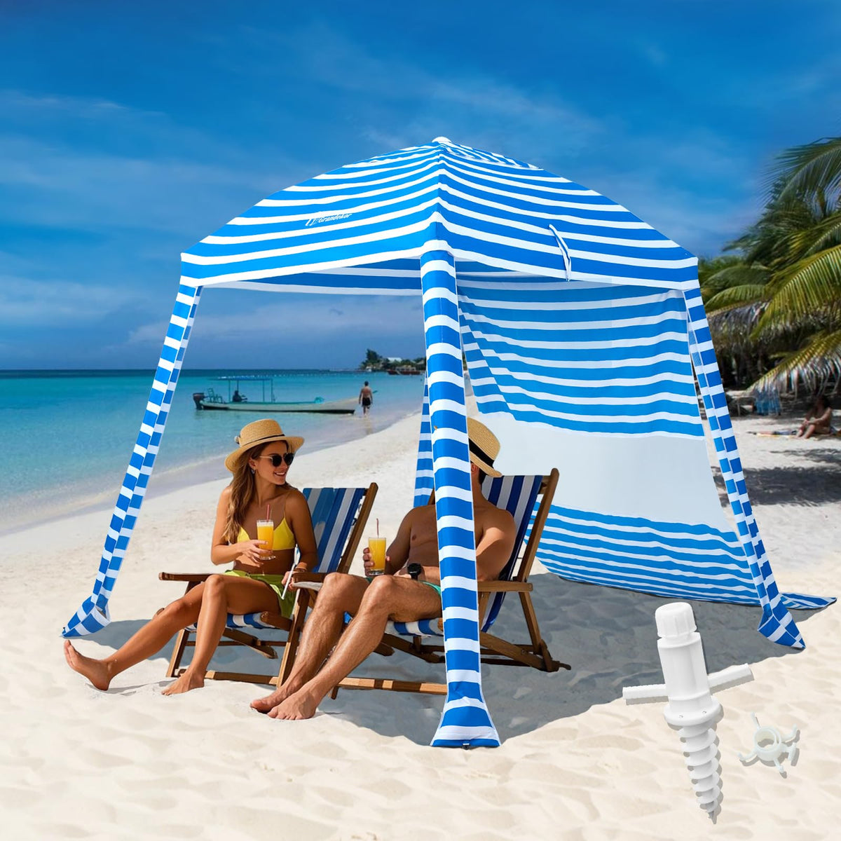 Grandekor Upgraded 6'×6' Pop Up Beach Canopy Tent for Family & Kids UPF 50+ Sun Shelter for Pool Camping with Sand Anchor Sidewall Bold Blue White Stripe