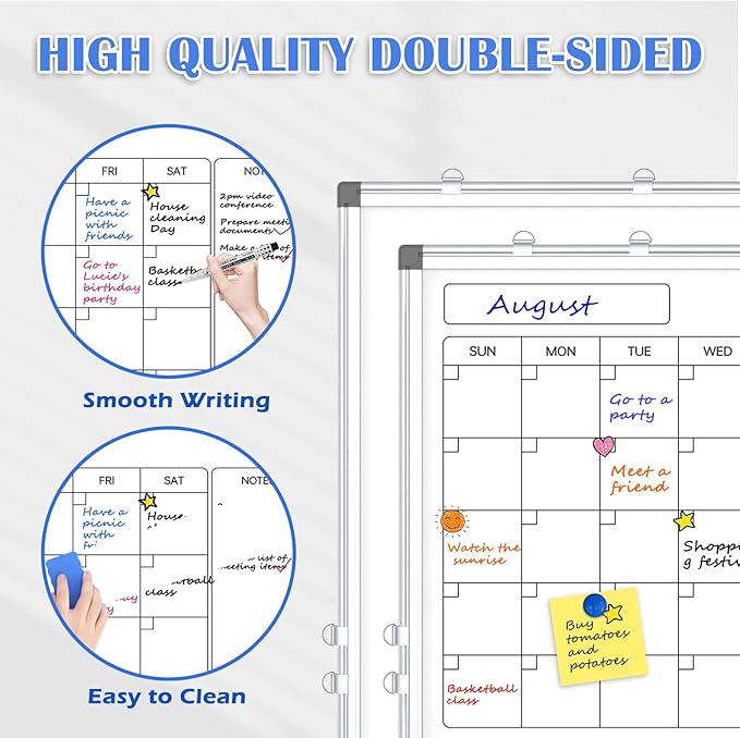 Monthly Calendar Dry Erase Whiteboard for Wall, 24" x 18" Magnetic Calendar White Board, Double-Sided Portable Board for Office, Kitchen, School, Home