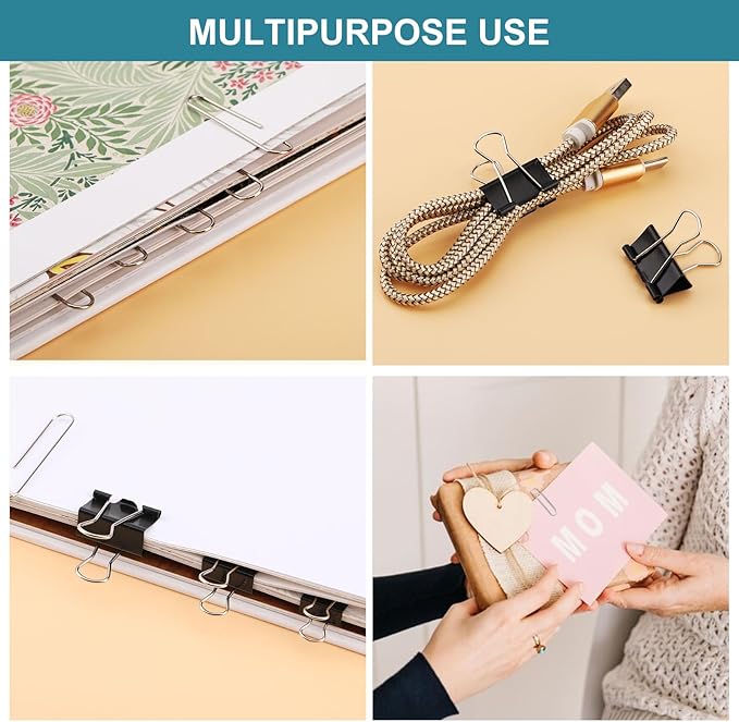 360 Pcs Binders & Paperclips Assorted Sizes with Container, Silver Paper Clips & Black Binder Clips Office Supplies, Paper Clamps for Office, Home, School