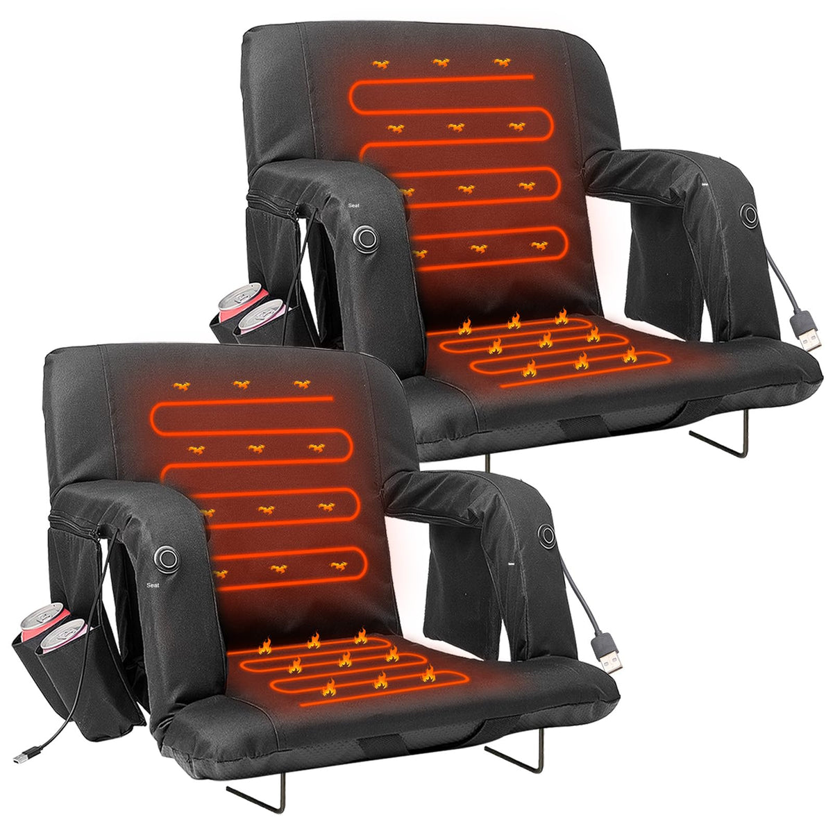 LILYPELLE 2Pack Double Heated Stadium Seat Bleacher Seat with Back & Arm Support, Portable 6 Reclinng Positions Stadium Seating for Bleachers, Bleacher Seats for Sports Events, Outing, Hiking