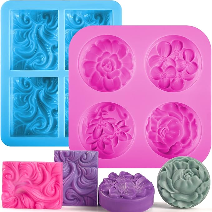 Sakolla 2 Pack Silicone Soap Molds, 4 Cavities Rectangle Wave and Round Flower Silicone Molds for Handmade Soap, Candle and Mousse Cake