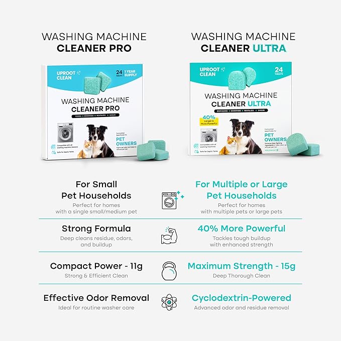 Uproot Clean Washing Machine Cleaner Tablets Ultra - 40% Stronger Formula: Designed for Pet Owners, Remove Residue, Grime & Odors, Compatible with HE, Top & Front Load, 24 Pack - 12 Month Supply