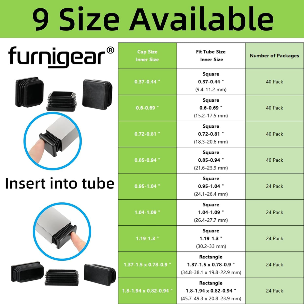 Furnigear Plastic Plugs Tubing End Cap Chair End Caps Outside Bottom Tubing Caps Round Square Rectangle Furniture Sliders Glides Black (24, Fit 1.8-1.94" x 0.82-0.94" Rectangle Tube Inner Size)