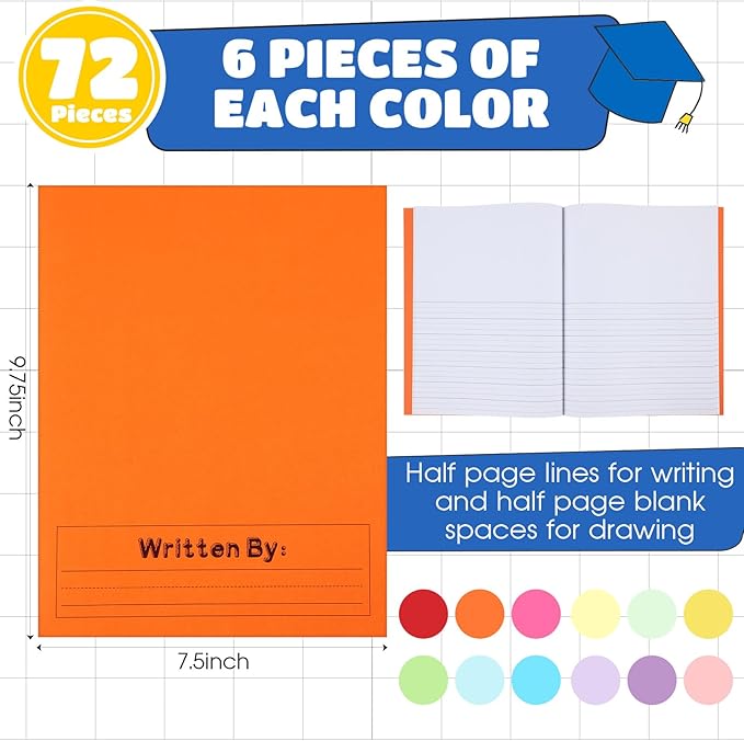 Henoyso 72 Pcs Primary Composition Notebook K-2 9 3/4 x 7 1/2 Inch Primary Journal, Back to School Supplies, Bulk Blank Writing Book for Kid to Write Draw Journal 60 Page Notebooks (Vibrant Color)