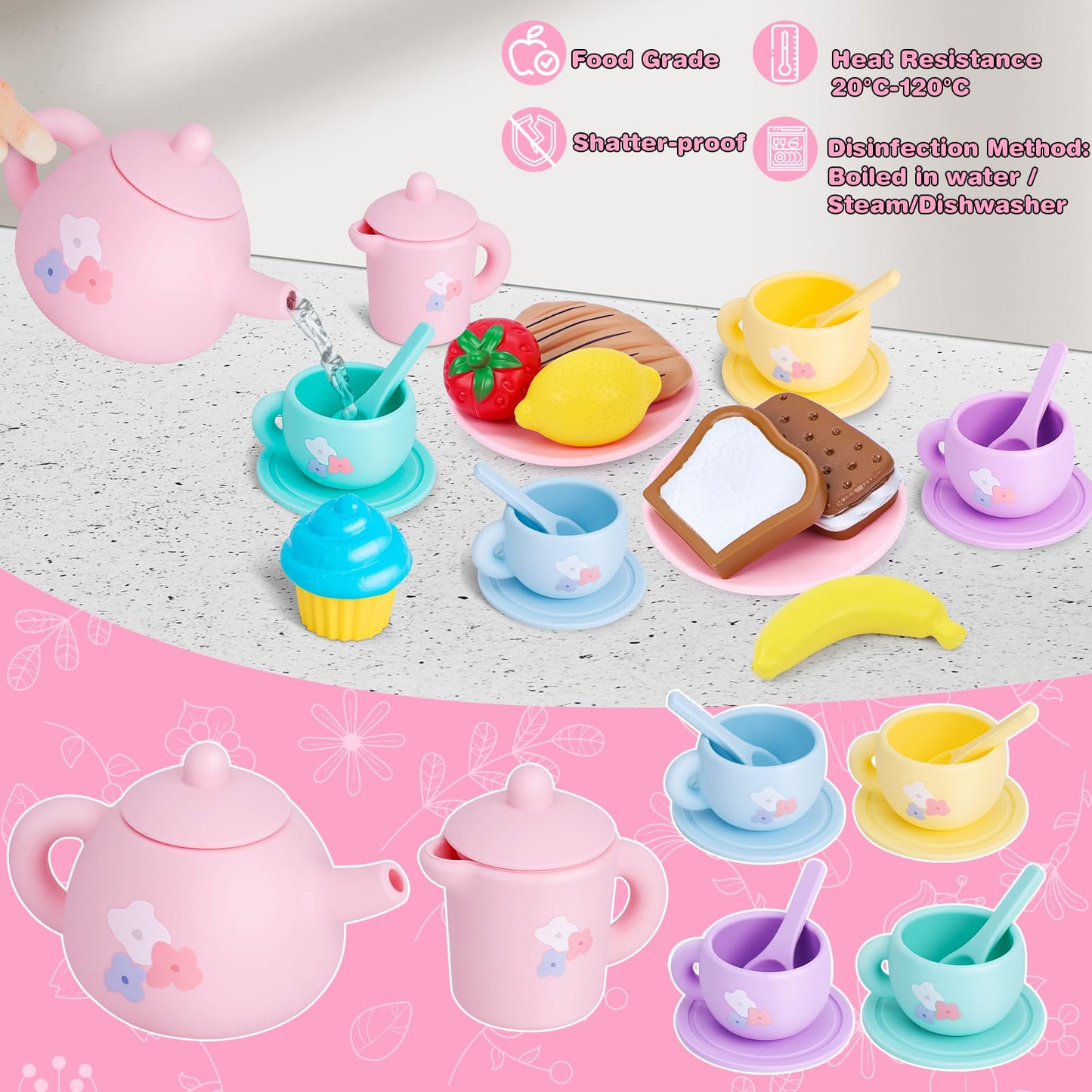 Silicone Tea Party Set for Little Girls,PRE-WORLD 27PCS Toys Toddler Tea Set with Play Food Dessert Cookies,Doughnut,Cake,Carrying Bag,Kids Kitchen Pretend Role Gifts for Girls Boys Age 3 4 5 6