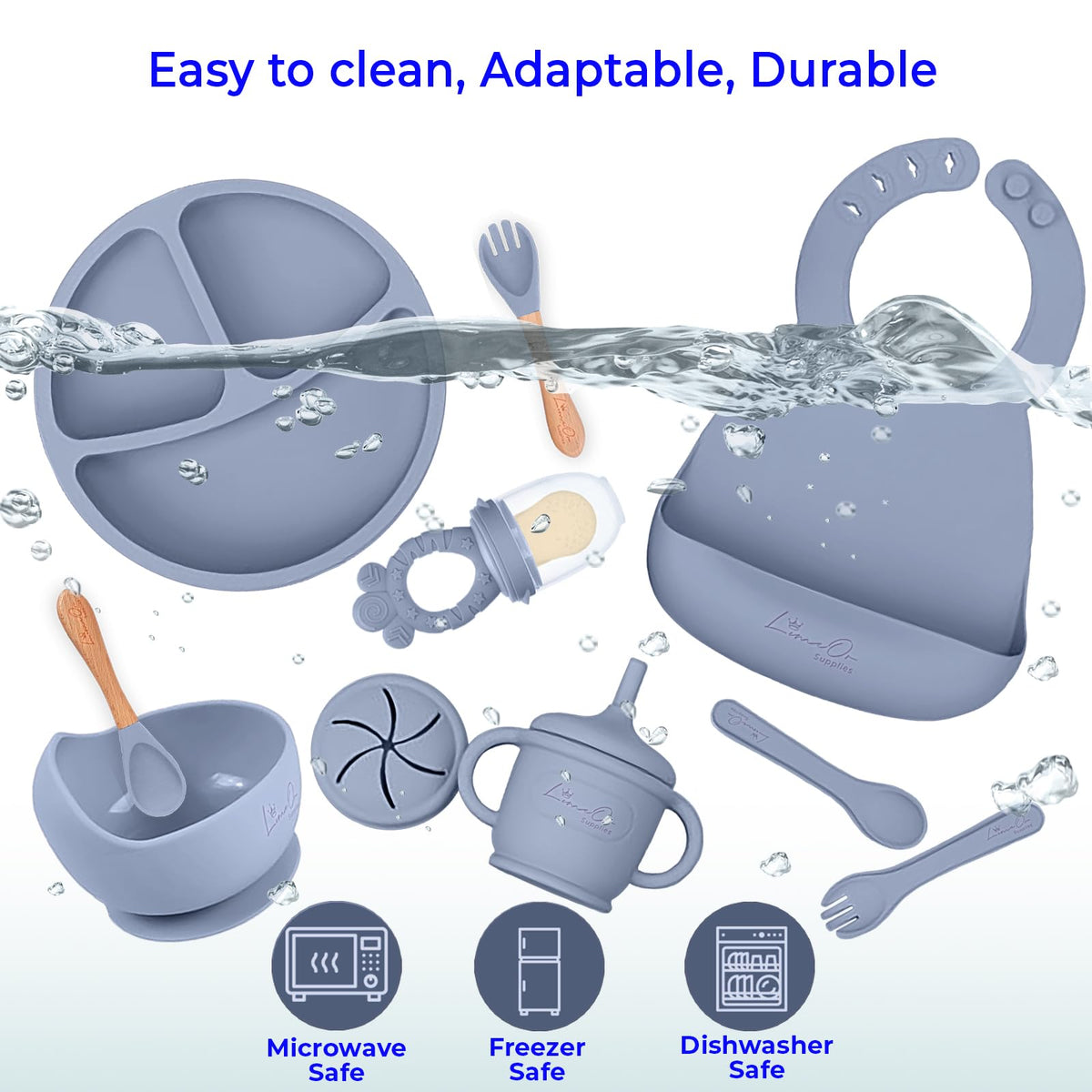 Silicone Baby Feeding Set, 10 Pcs Baby Led Weaning Supplies | BPA-Free Baby Dishes with Toddler Plates and Bowls Set, Silicone Bib, Suction Cup, Baby Spoons & Forks | Empower Independence – Gray