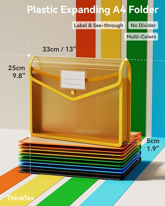 ThinkTex Plastic Expanding File Folder, Transparent envelopes with Snap Closure, No Dividers, Large Capacity, Assorted Colors, Fit Letter/A4 Size - 5 Packs