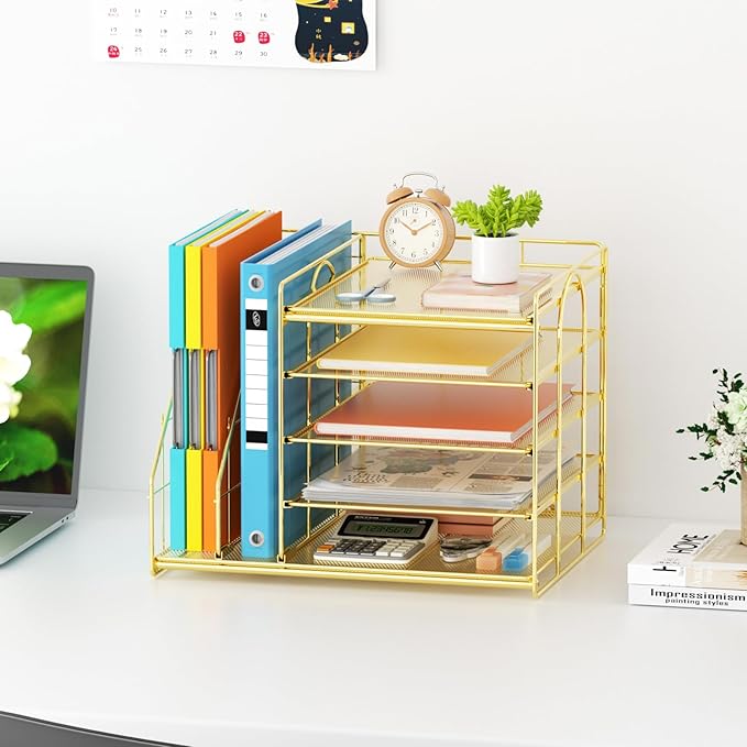 Marbrasse Desk Organizer with File Holder, 5-Tier Paper Letter Tray, Mesh Desk Organizers and Accessories with Magazine Holder, Desktop Organizer and Storage for Office Supplies (Gold)