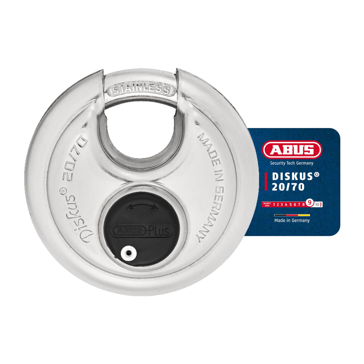 ABUS Diskus 20/70 Heavy Duty Stainless Steel Disk Padlock - Rustproof Lock with 3/8" Shackle - Made in Germany - Keyed Different