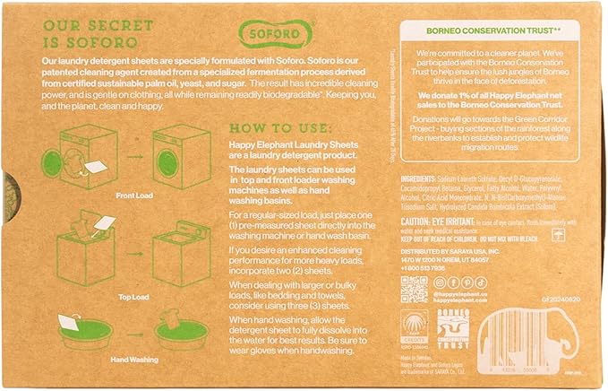 Happy Elephant Laundry Detergent Sheets, Fragrance Free, Natural Biodegradable Laundry Sheets, Plant Based, Tough on Stains, Gentle on Skin, Compatible with HE & Any Washing Machine, 62 Sheet, 1 Pack