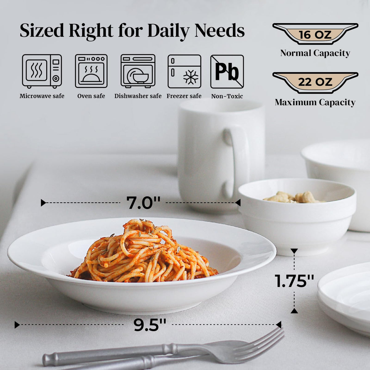 DOWAN Soup and Pasta Bowls Set of 4, White Porcelain Wide Rim Salad Plates, 20 Ounces, Microwave & Dishwasher Safe
