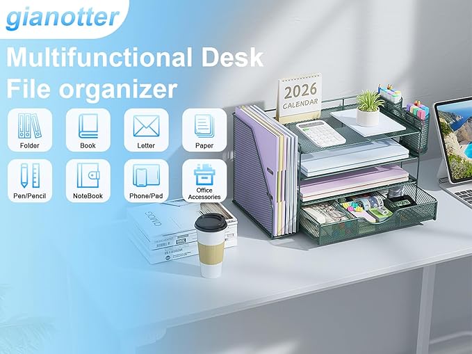gianotter 4-Tier Desk Organizer with Drawers, File Holders, Letter Trays and Pen Holders - Workspace Accessories for Office Supplies (Green)