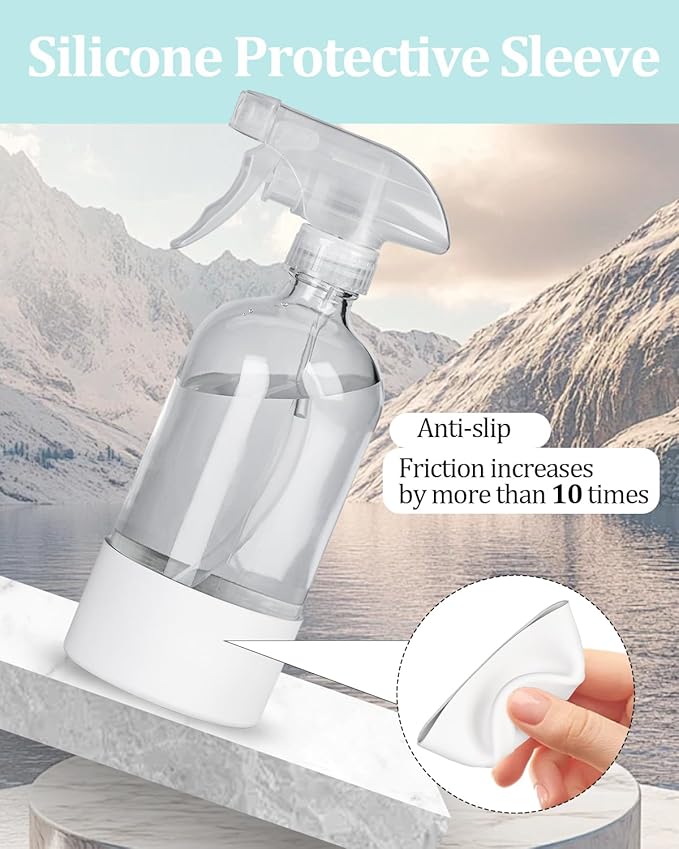 2 Pack 360° Glass Spray Bottles with Silicone Sleeve, 16 oz Empty Refillable Containers with Adjustable Spray Nozzles, Spray Bottles for Hair, Cleaning Solutions and Plants White