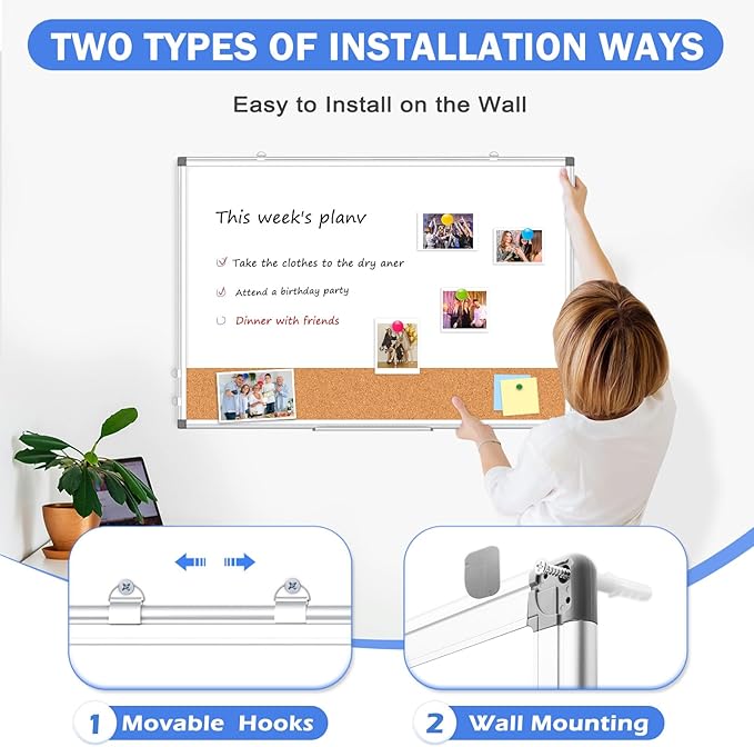 Double-Sided Whiteboard Cork Board Combo for Wall, WALGLASS 24" x 18" Dry Erase White Board Corkboard Combination, Hanging Wall Mount Bulletin Board with Aluminum Frame for Office, Home, School