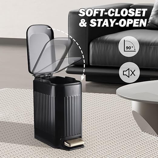 Slim Bathroom Trash Can with Lid Soft Close, Stainless Steel Garbage Can Step Trash Bin with Removable Inner Bucket for Bedroom, Office, Kitchen (Matt Black, 1.8 Gallons)