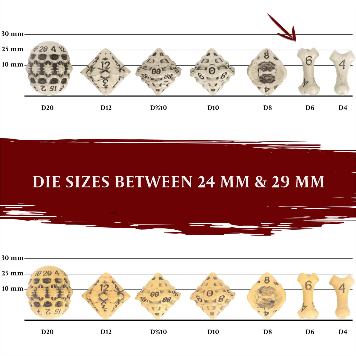 D6 Dice Set - Set of Six 6 Sided Dice - Skull & Bone Themed RPG Dice. Cool & Unique Gift and Compatible with Dungeons & Dragons (DND), D&D, Pathfinder, D and D. (Cleaned Bone White)