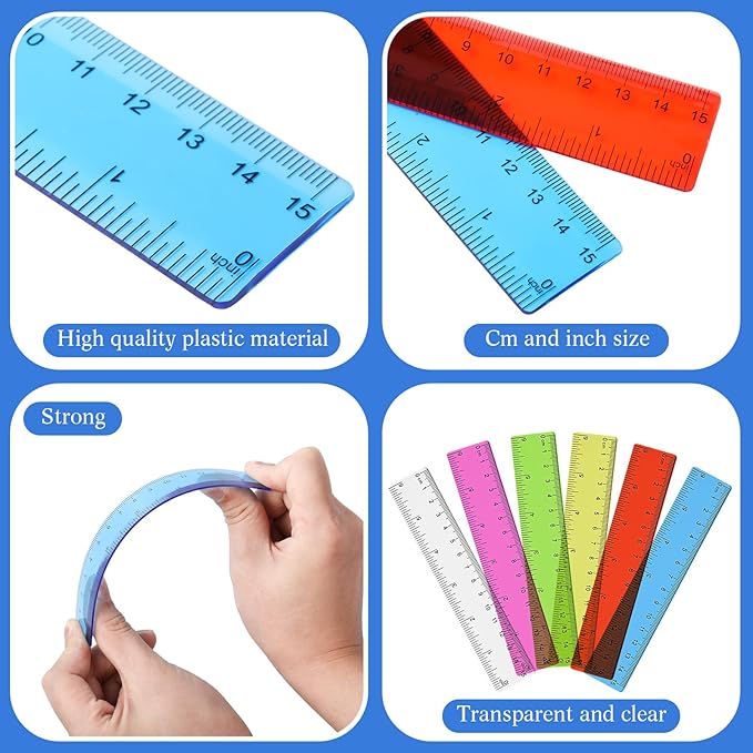 Zonon 6 Pcs 6 Inch Ruler Bulk Colorful Plastic Flexible Straight Metric Rulers with Centimeters and Inches Drafting Measuring Tool for Classroom School Students Education
