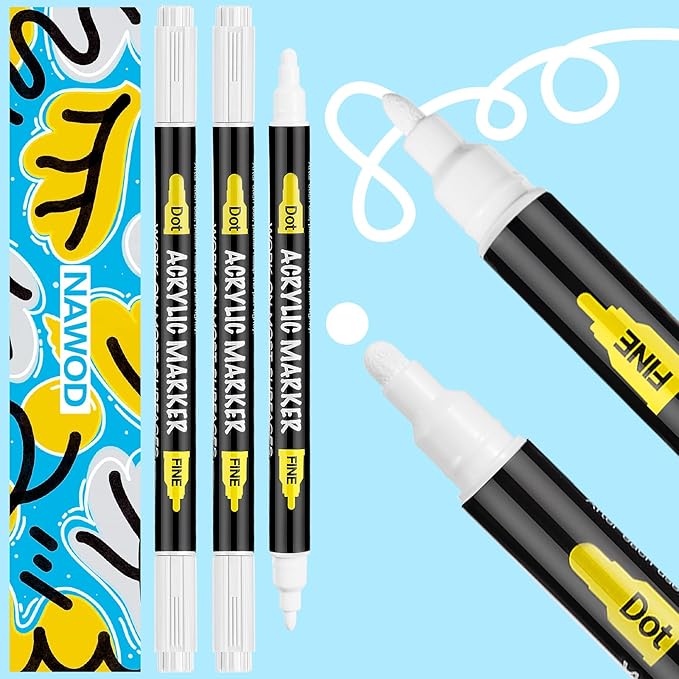 NAWOD 3 White Acrylic Paint Pens, Dual Tip (Fine 1mm + Dot 5mm) Permanent Markers for Rock, Fabric, Canvas, Ceramic, Glass, Wood, Paper, Labeling, Drawing, DIY Crafts