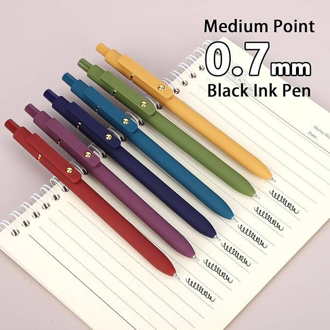 FIOVER Gel Pens, 6pcs 0.7mm Fine Point Black Ink, Smooth Writing Pens for Journaling, Nurse Aesthetic Cute Office School Supplies, Gifts for Women and Men (6Pcs Gold Vintage -Black ink)