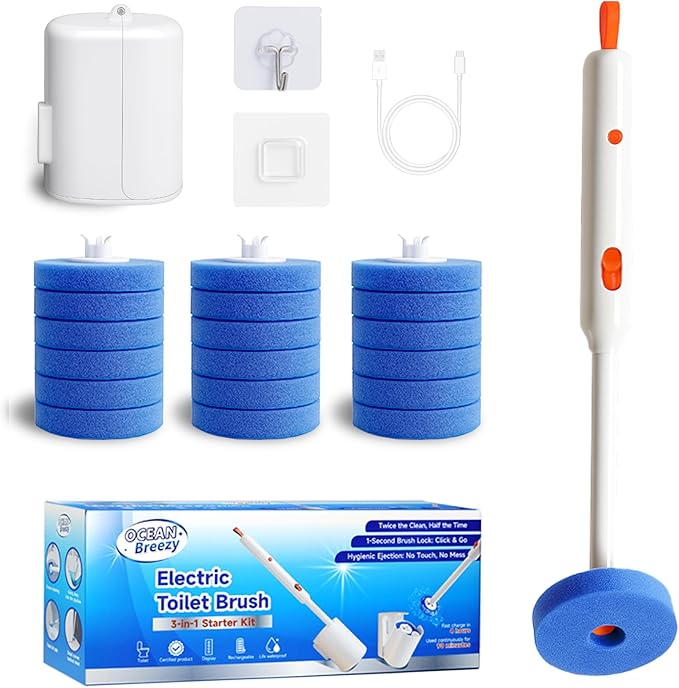 Electric Toilet Brush and Holder Set, 2025 New 4-in-1 Disposable Scrub Kit, 18 Refill Heads, 3-Speed Powerful Spinning, Rechargeable & Wall Mounted Toilet Cleaner Wand