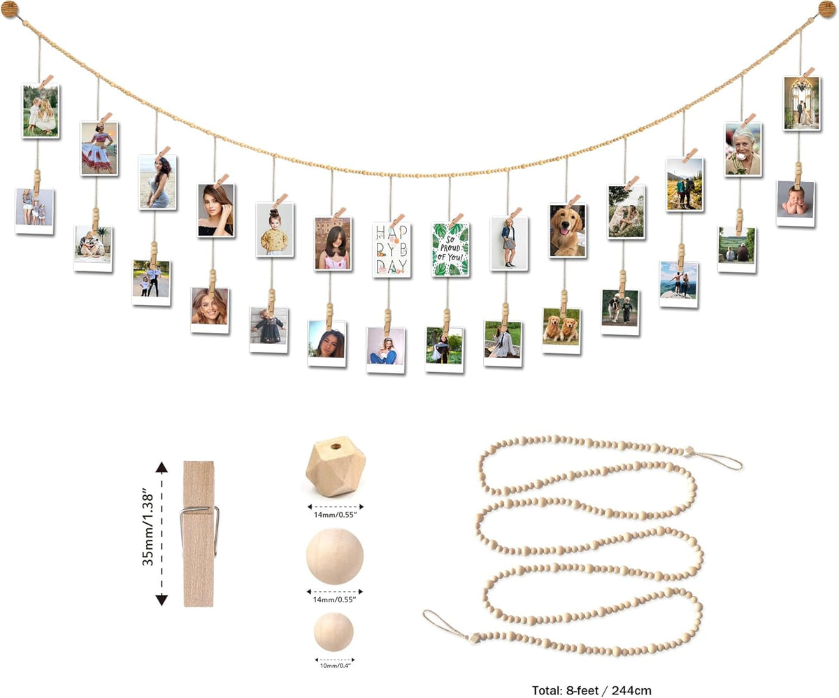 8 Feet Wooden Beads Garland with Clothespins Picture Cards Holder - Country Farmhouse Christmas Nursery Boho Holiday Decorations with Clips