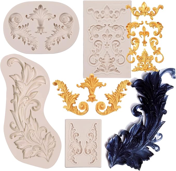 Baroque Silicone Fondant Molds, (4 Pack) Scrolls Border Feather Crown Corner Molds for Cake Decorating Polymer Clay