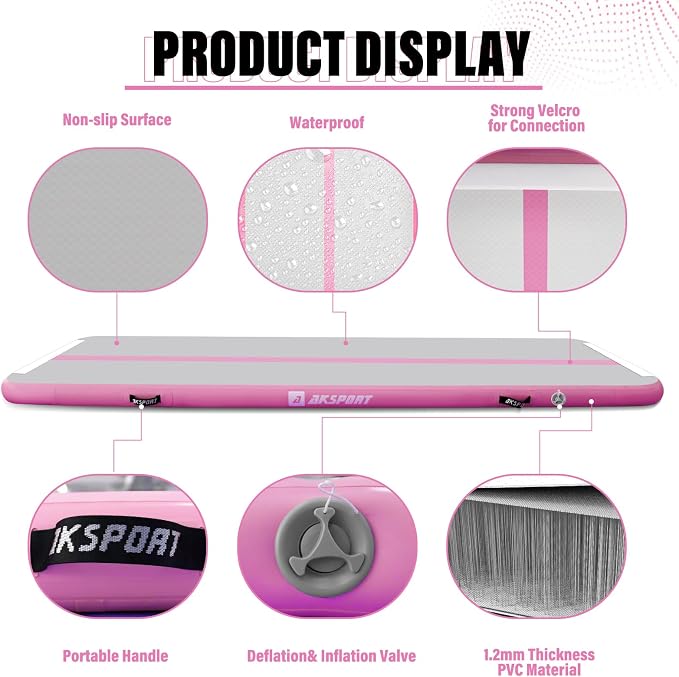 AKSPORT Inflatable Gymnatsics Mat Tumble Track 10ft 13ft 16ft 20ft 23ft Air Tumbling Mat with Air Pump for Home Use/Training/Cheerleading/Yoga