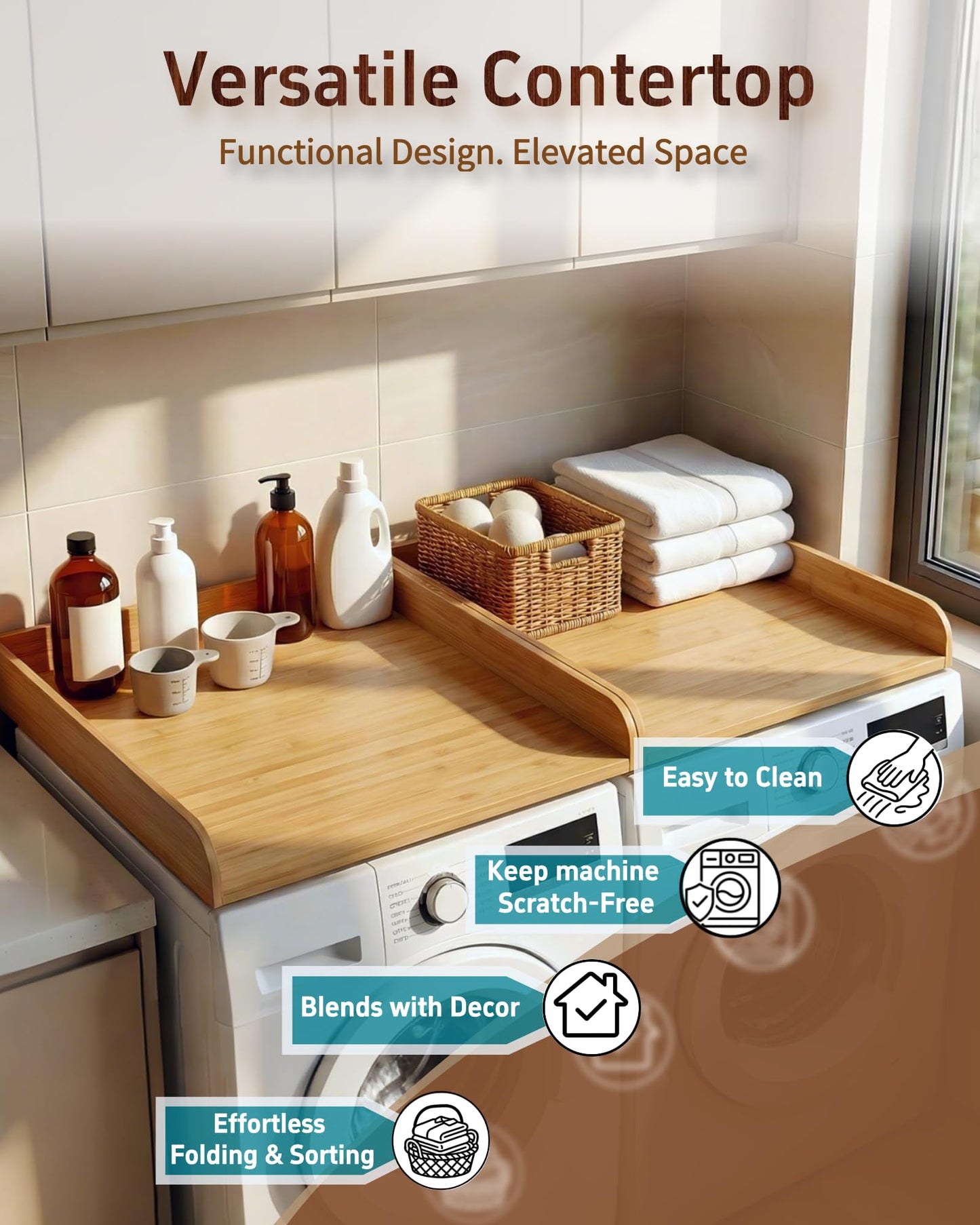 UTCG Washer Dryer Countertop Wooden: Washer and Dryer Shelf Top Cover 27.5x54 Inch No-Installation Countertop Set of 2 - Generation Farmhouse Homeowners & Laundry Room Organization - Bamboo