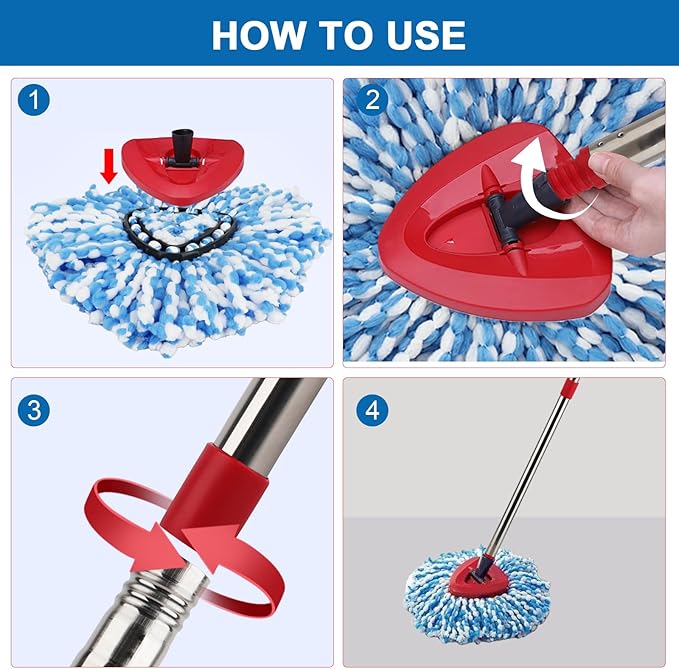 RinseClean Spin Mop Head Refill for Vileda EasyWring 2-Tanks System - Rotating Microfiber Triangle Replacement Pads Washable & Reusable fit All Floor - 4 Cloth 1 Mop Base 1 Handle and 1 Brush