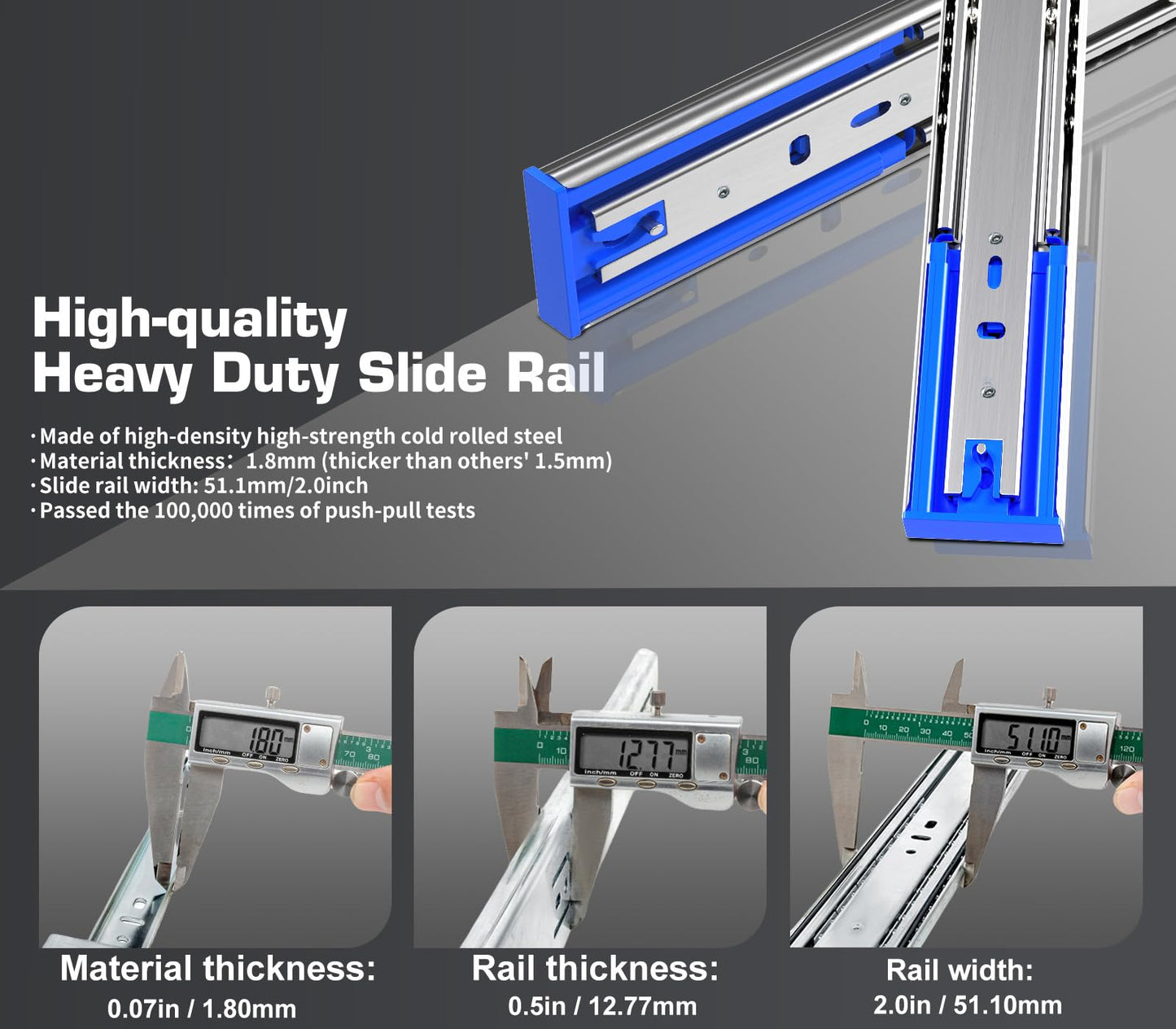 TP-LAIE 16 Inch 200lbs Soft Close Heavy Duty Drawer Slides, Side Mount Rails Full Extension Ball Bearing Cabinet Tool Box Runners Tracks Glides (1 Pair, with M4 Screws)