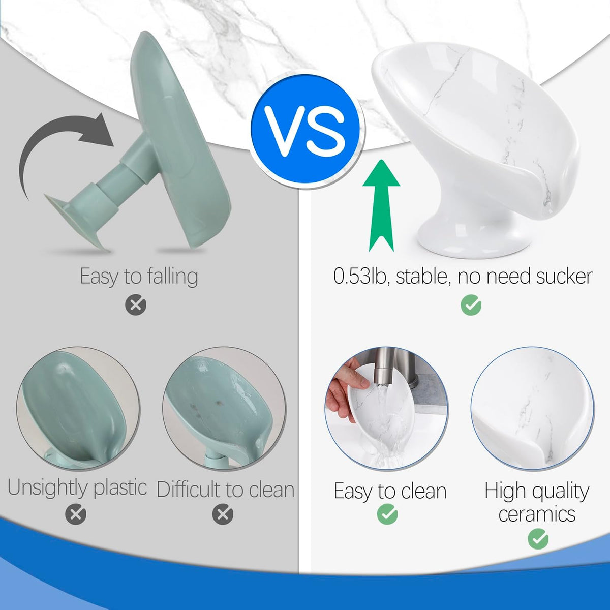 Soap Dish Set, Self Draining Bar Soap Holder for Bathroom Sink, Leaf Shaped Drainage Soap Dish Ceramic Marble Porcelain Decorative Soap Dishes 2PCS, No Suction Cup, ANTIS'S HOME
