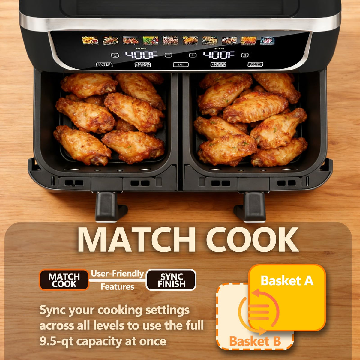 Simple Deluxe 9.5-Qt Dual Basket Air Fryer, 10-in-1 Digital Preset 1700W Airfryer, Sync Cook, Independent Temp Control, Shake Reminder, Nonstick Basket, Black