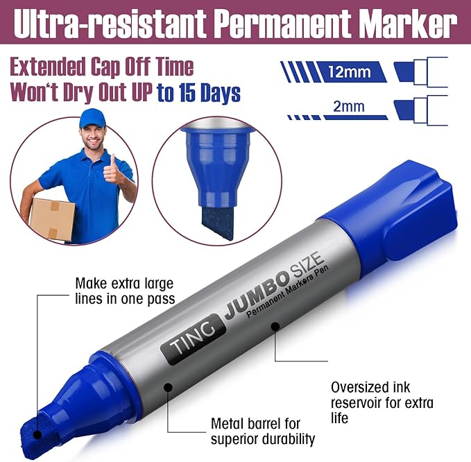 Fuutreo 10 Pack Jumbo Permanent Markers Bulk Large Chisel Tip Permanent Markers Quick Drying Waterproof Big Huge Poster Pens for Office, Logistics Company and More(Multicolor)