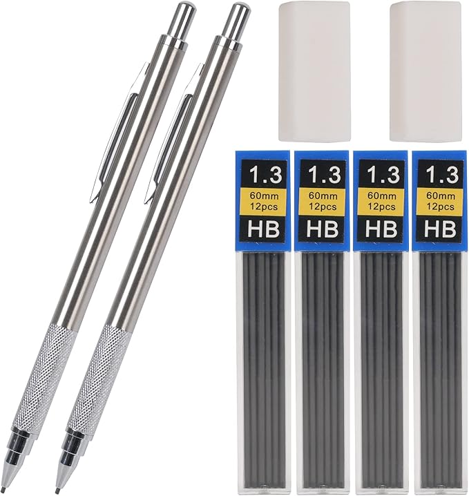 1.3 mm Mechanical Pencil Set with 4 Tubes Lead Refills,2 Eraser,1.3mm Mechanical Pencils,Metal Drafting Pencil, Lead Holder,Drawing Mechanical Pencils,Carpenter Pencils for Marking, Sketching